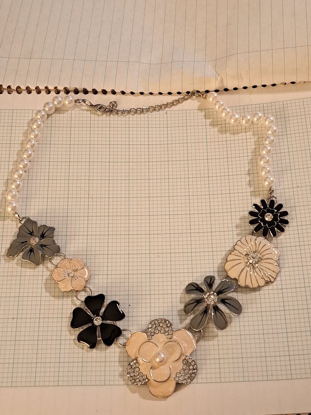 Floral Pearl Statement Necklace - Cream White, Black & Silver Grey